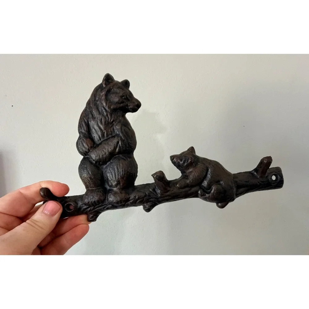 Bear and Cub Metal Cast Iron Wall Hook Rustic Cabin Lodge Decor (3 hooks)